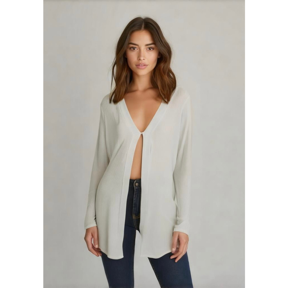 Vince Camuto Women's Open Front Cardigan Sz XL Off White Ribbed Knit V-Neck Boho